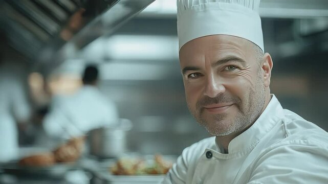 Chef's Culinary Gaze: A seasoned chef, clad in a pristine white uniform and toque, gazes directly at the viewer with a warm, confident smile, set against the backdrop of a professional kitchen. 