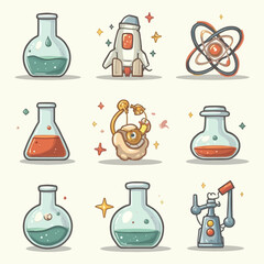 Cartoon science icons featuring beakers, a rocket, atom, and other scientific elements.