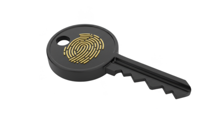 3D Rendered Key Featuring Gold Fingerprint Security on Transparent