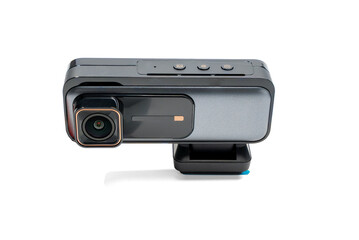 Rectangular modern camera front view. Modern camera with square lens and buttons on the top. Sleek...
