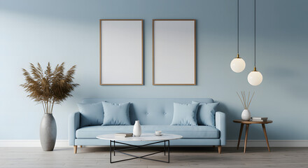 Modern living room with a light blue sofa marble coffee table and two blank picture frames on a pastel blue wall