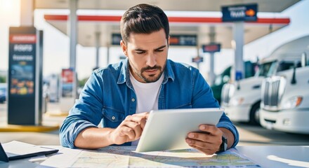 Young caucasian male using tablet at gas station with trucks in background