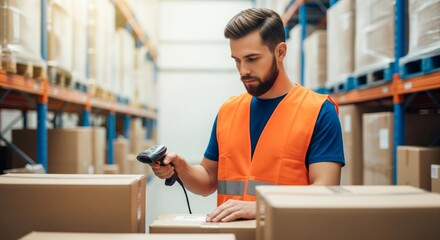 Young caucasian male warehouse worker scanning packages in industrial setting