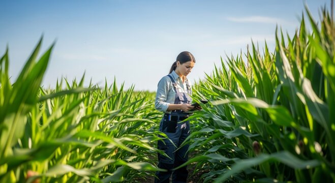 Young hispanic female farmer using digital tablet in lush cornfield for crop management