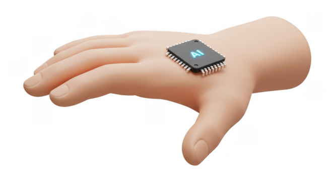 3D Rendering of AI Microchip on Human Hand Future Tech Concept