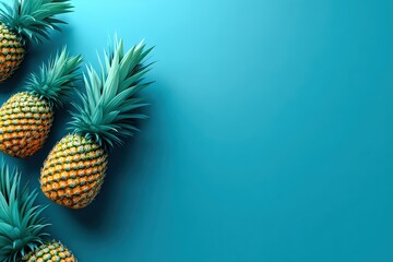 Pineapples with green leaves on a turquoise color background