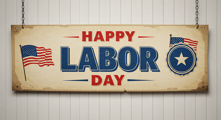 A vintage-inspired graphic featuring a "Happy Labor Day" hanging sign. The design includes retro layered text, a distressed texture, and patriotic details.