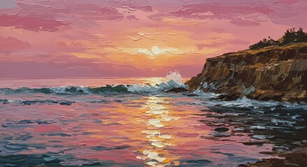 Obraz premium Impressionistic oil painting of a vibrant sunset over a rocky coastline with crashing waves