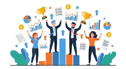 Business team celebrating success with trophies and upward trending charts