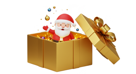 3D Render Santa in Gold Box Presents Festive Christmas Celebration