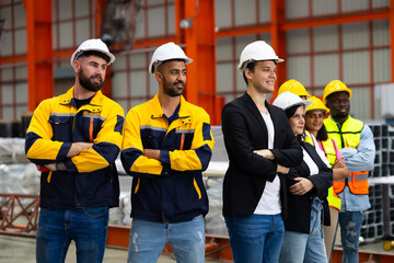 arm crossed Unity and teamwork. Engineering and civil factory team standing. Portrait engineer...