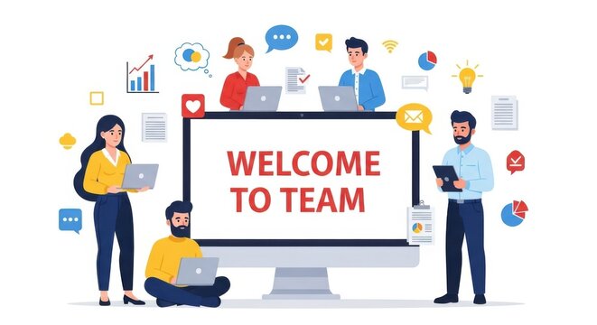 Business team welcomes new members isolated on white background