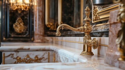 Fototapeta premium Elegant faucet detail in kitchen with gold accents and marble countertops