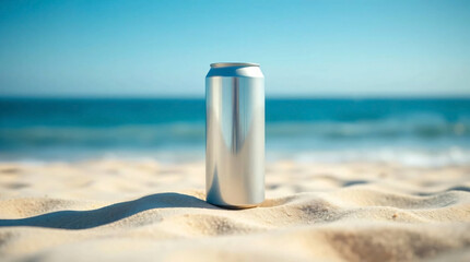Tall silver can bottle, close-up. Space for design, drink can on the beach, blue sky