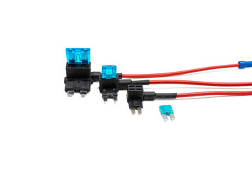 Three types of fuse taps with blue blade fuses are aligned side by side, isolated on a white background. They represent different fuse sizes used in vehicles.