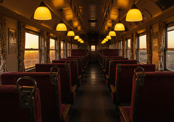 Obraz premium The interior of an old train car with red velvet seats and warm yellow lights, featuring a classic and tranquil travel atmosphere at dusk