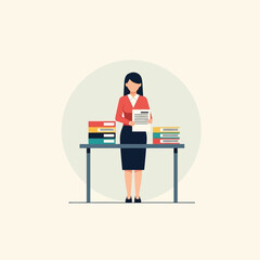 Woman standing behind desk holding papers, with stacks of files on either side.