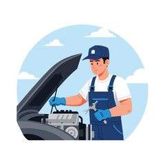 Mechanic wearing overalls and gloves, holding a wrench, working on a car engine with the hood open.