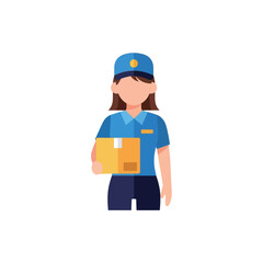 Female delivery worker holding a package, ready for delivery.