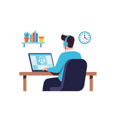 Man works from home, using laptop and headphones, in a comfortable workspace.