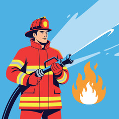 Firefighter in action, aiming a fire hose at a blaze, illustration.