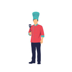 A chef in a red uniform, holding a spatula, standing against a white background.