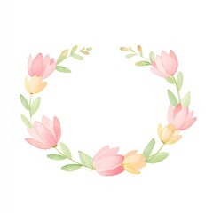 Delicate Watercolor Floral Wreath, Pastel Pink and Yellow Blossoms, Green Leaves, Elegant Design, Perfect for Invitations or Cards