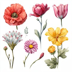 Collection of watercolor flowers: poppy, peony, tulip, chrysanthemum, and others