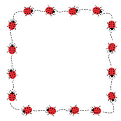 Ladybug Border with Dotted Path. Insect Frame Vector Illustration. A whimsical square frame made up of adorable red ladybugs marching along a dotted, curving path. © Andrii