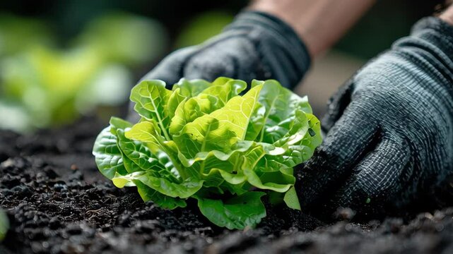Fresh Green Lettuce Planting in Dark Rich Soil with Hands in a Garden Environment