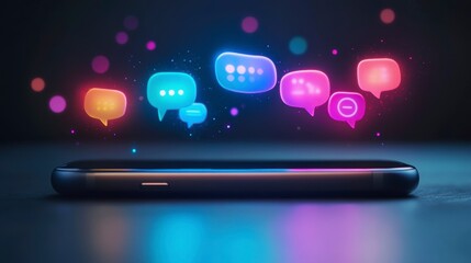 Glowing chat bubbles emerge from a smartphone on a dark surface.