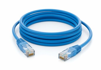 Coiled blue ethernet cable with RJ45 connectors on a white background
