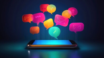 Colorful communication icons rising from a smartphone, representing digital messaging and online interaction.