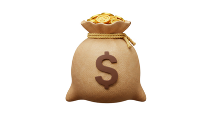 3D Rendering of Golden Coins in a Beige Money Bag with Dollar Sign