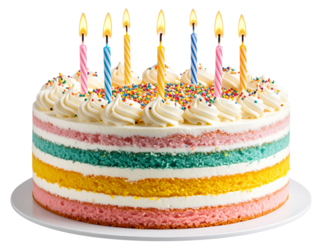 Colorful Layered Birthday Cake with Eight Lit Candles, isolated on transparent background.