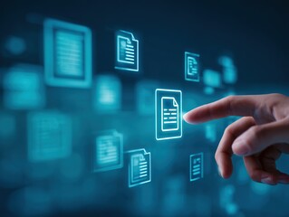 Interactive Digital Document Interface on Futuristic Display, Highlighting Technology and Scientific Advancements in Business.