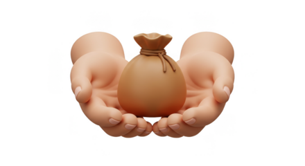 3D Rendering Hands Holding Brown Bag of Money on Transparent Backdrop