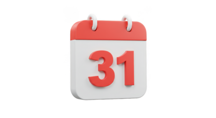 3D Rendering of Red and White Desk Calendar Thirty First Day