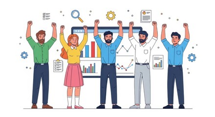 A successful business team celebrating with arms raised