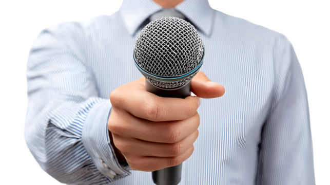 A person holding a microphone in their hand wearing a striped shirt and a tie on a transparent background