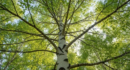Upward view of a birch tree with bright green leaves against a sunny sky