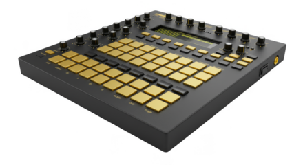 3D Rendering Synth with Metallic Gold Pads Transparent Background