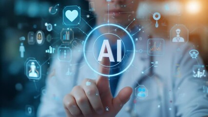 Close-up of doctor touching AI icon on virtual screen, floating medical icons and graphs, healthcare with AI interface, AI doctor, medical diagnosis, health data. 4k video - Powered by Adobe