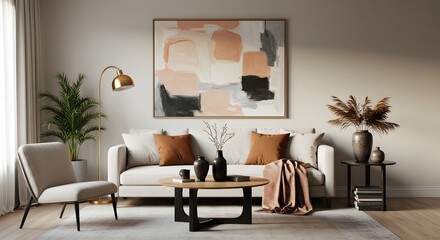 Modern living room with abstract art and comfortable seating