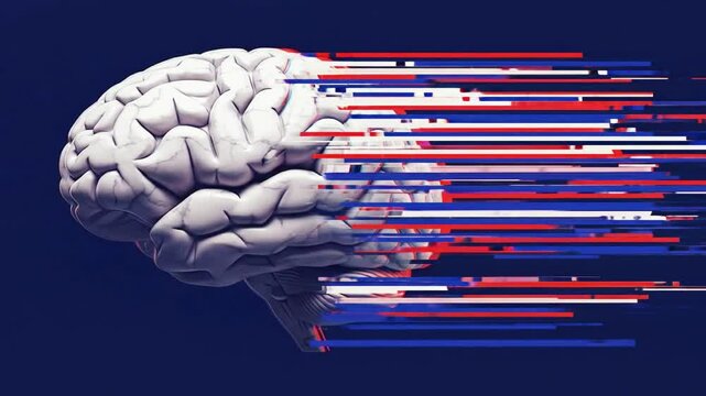 A stylized brain with glitching red and blue lines represents cognitive function, memory, and the complexities of the human mind