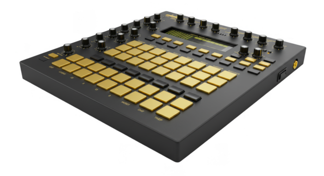 3D Rendering Synth with Metallic Gold Pads Transparent Background