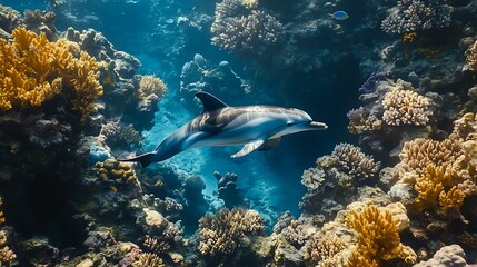Dolphin swimming amidst vibrant coral reef ocean
