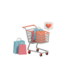 Fototapeta premium 3D Shopping Cart Full Bags Heart Online Market Retail Store