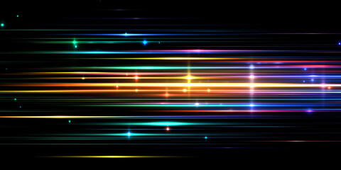holographic speed light streak wave on black background with flickers,colorful light trails in the dark, neon motion blur effect,glowing speed lines
