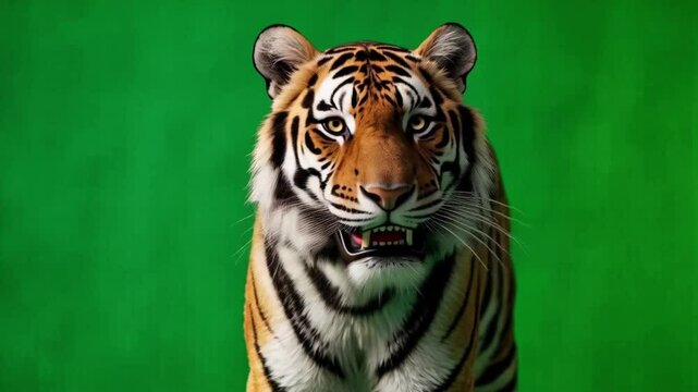 A tiger looking to the left on a green background with stripes and orange fur in a studio setting green screen animal video